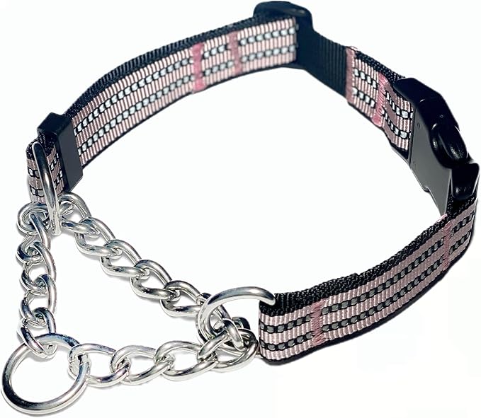 Martingale Collars for Dogs, Heavy Duty Stainless Steel Chain Training Collar, Reflective Nylon Adjustable Collar with Quick Release Buckle, Suitable for Puppy Medium Large Dogs ((Pink, L)