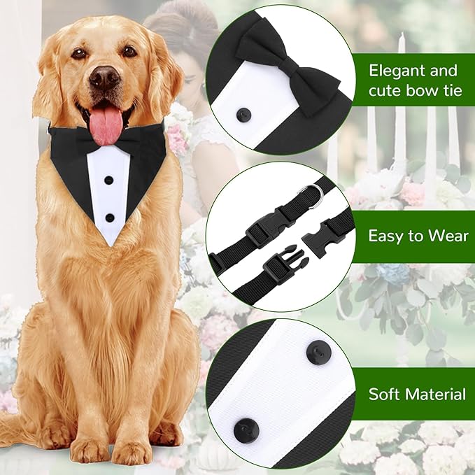 Dog Tuxedo Suit, Bandana Collar with Bow Tie, Doggy Prince Bow Tie Shirt Formal Pet Wedding Attire, Dog Outfits for Large Dogs, Dogs Adjustable Bows Ties for Wedding Birthday Valentines (L, Black)