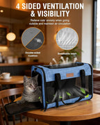 PETUX Large Pet Carrier for Large Cats ＆ Small Dogs - Up to 20Lb, Top and Side Entry, 4 Side Breathable, Foldable Soft Cat Travel Carrier with Safety Car Seat Buckle and Anti-Scratch Mesh - Blue