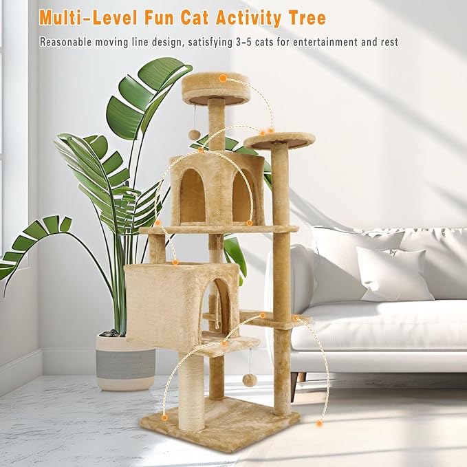 57.8" Large Cat Tree for Indoor Cat, Tall Cat Tower for Cat Adult, Durable Stable Multi-Level Cat Furniture, with Cat Condos, Cat Beds, Sisal Cat Scratching Posts, Hanging Pompoms (Beige)