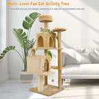 57.8" Large Cat Tree for Indoor Cat, Tall Cat Tower for Cat Adult, Durable Stable Multi-Level Cat Furniture, with Cat Condos, Cat Beds, Sisal Cat Scratching Posts, Hanging Pompoms (Beige)