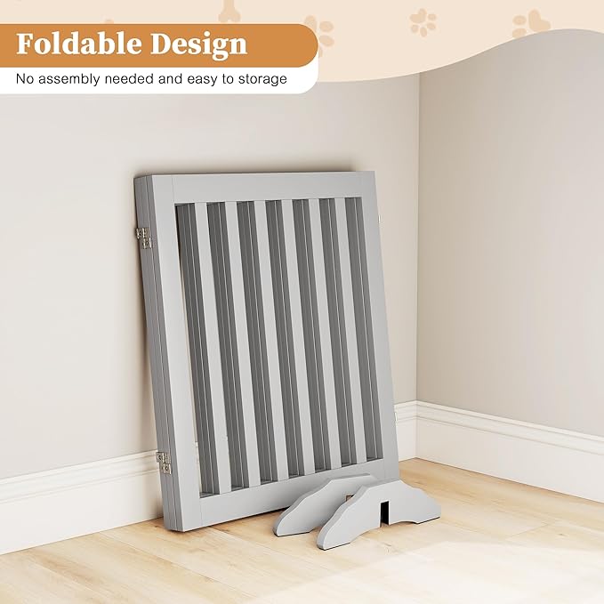 24”H Freestanding Wooden Pet Gate, Dog Gate for Stairs, Doorways, and Hallways, Step Over Foldable Pet Fence for Indoor Use, Support Feet Included, 60 inch Wide 3 Panels, Grey