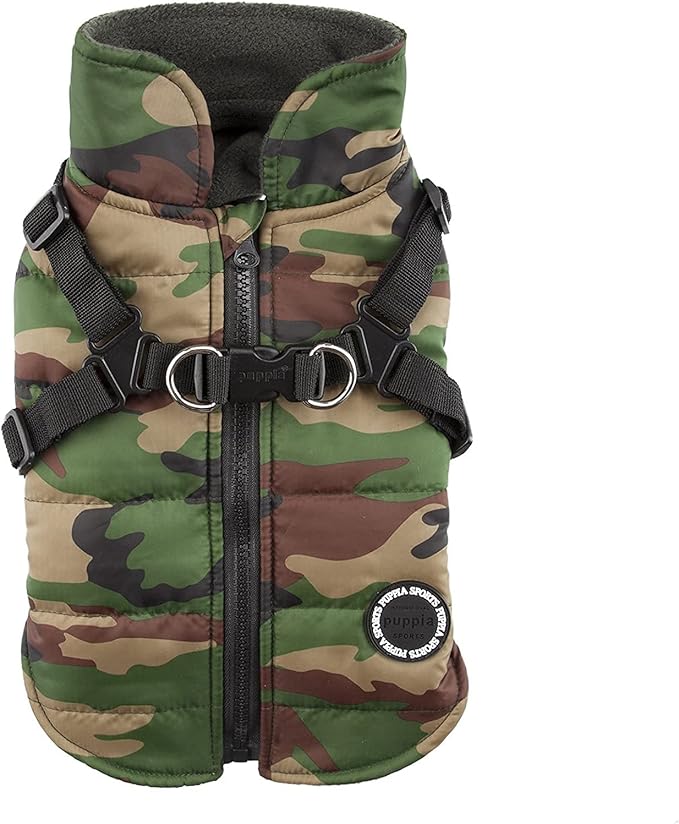 Puppia Mountaineer Winter Dog Coat with integrated harness No Pull Cold Weather Waterproof Warm Fleece Back Zipper for Small & Medium Dog, CAMO, Small