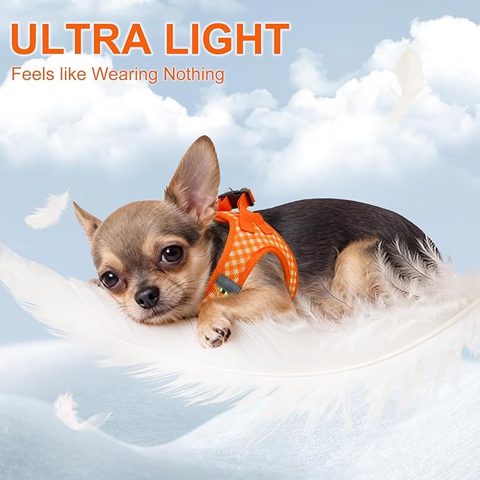 AIITLE Plaid Print Dog Harness Set – Lightweight, Reflective & Adjustable Vest Harness for Puppies – Perfect for Boston Terriers, Maltese & Indoor/Outdoor Use (XS, Orange)