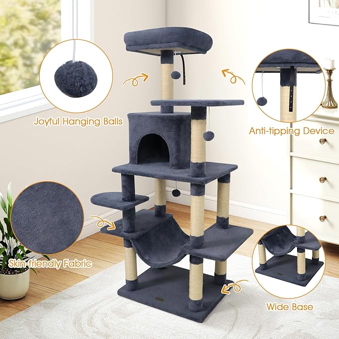 PETSITE Multi-Level Cat Tree, 58 Inches Tall with Sisal Scratching Posts, Condo, Hammock, Dangling Balls, Jumping Platforms, and Cozy Top Perch, Ideal for Indoor Cats to Play and Rest (Dark Grey)