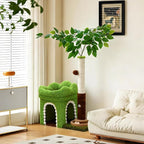 Small Cat Tree with Scratching Post and Ball Track, Green Cat Tower with Lifelike Leaves for Kittens and Small Cats, 2-Door Cat Condo and Interactive Cat Toys for Indoor Cats