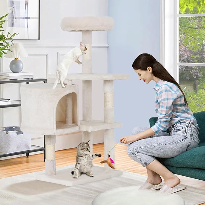 Cat Tree 36 Inch Cat Tower for Indoor Cats with Scratching Post,Padded Perch,Hanging Toys for Kittens & Adult Cats,Beige (Beige)