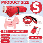 Winter Dog Coat and Snow Boots with Heavy Duty Dog Leash Waterproof Puppy Winter Jacket Cold Weather Coats Set Reflective for Small Medium Size Dogs Walking(Small)