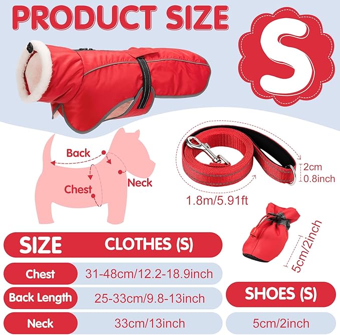 Winter Dog Coat and Snow Boots with Heavy Duty Dog Leash Waterproof Puppy Winter Jacket Cold Weather Coats Set Reflective for Small Medium Size Dogs Walking(Small)