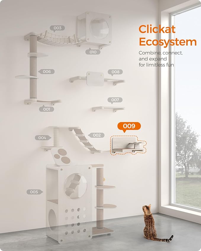 Feandrea Clickat Collection - No.009 Cat Food Station, Wall-Mounted Feeding Shelf with Elevated Bowls, Extremely Quick Assembly, Unlimited Expandability, Replaceable Module and Felt Pad