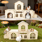 BWOGUE Extra Large Wooden Rabbit Hideout Castle, Detachable Bunny Castle for Rabbits Chinchillas Guinea Pigs, Sturdy Bunny Play House Indoor with Stairs, Small Animal Play Hideaway Hutch