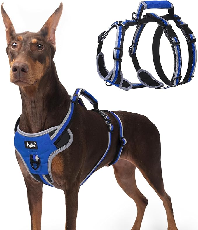 PUPTECK Escape Proof Dog Harness with Padded Handle, No Pull Pet Vest Harness Durable Reflective for Medium Large Dogs Walking Training and Running, Navy Blue, L