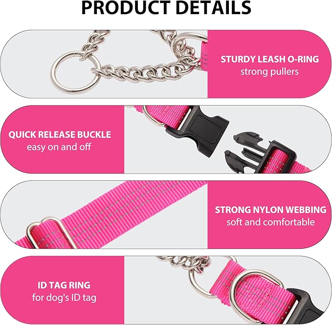 Martingale Dog Collar with Quick Release Buckle Steel Chain No Pull Training Reflective Collar for Medium Large Dogs(Pink, Large)