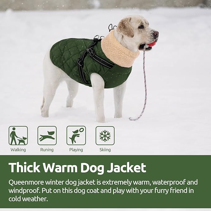 Queenmore Dog Winter Jacket, Dog Coats for Large Dogs, Warm Cozy Pet Jacket Winter with Harness Built in, Waterproof Pet Snow Jacket, Thick Fleece Lining Snowsuit for Large Dogs, ArmyGreen L