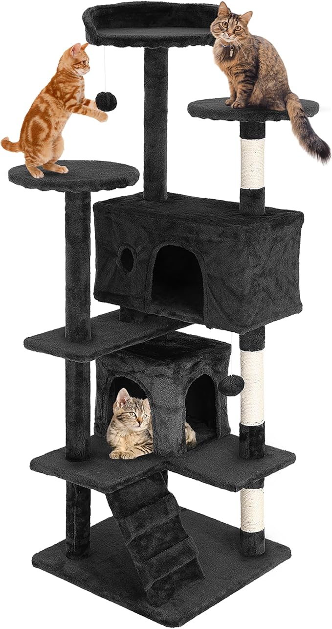24/7 Shop at Home Court 54 inch Multi-Level Cute Cat Tree Tower with Dangling Ball and Scratching Posts for Indoor Cats Adults, Kitten Supplies, Pet House, Dark Gray