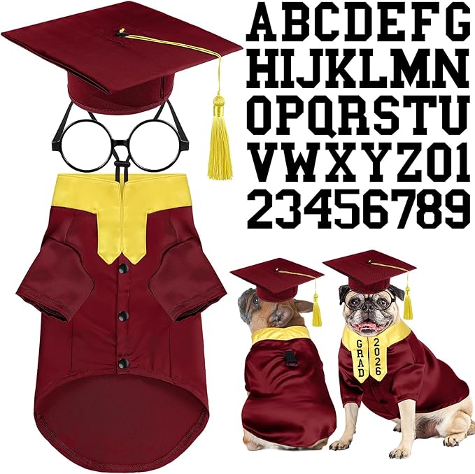 5 Pcs Dog Graduation Costume Set Include 2026 Pet Graduation Gown with Stole Puppy Grad Cap Lensless Glasses DIY Letter Stickers for Dogs Cats Holiday Costume Accessory(Maroon Yellow,M)