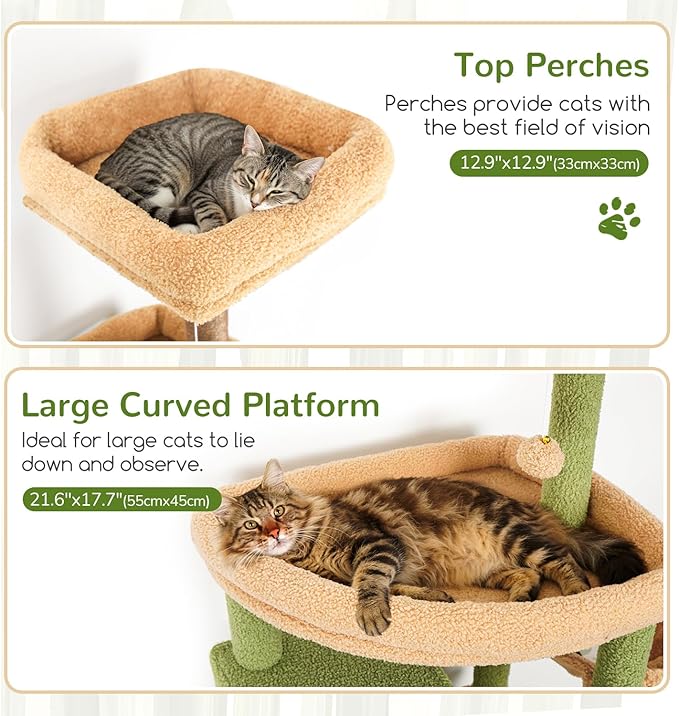 Globlazer Extra Large Catus Cat Tree Tower for Indoor Cats Large Adult, 80in Tall Heavy Duty Cat Tree with 3 Spacious Cat Condos, Oversized Fan-Shaped Perch, 6 Sisal Scratching Posts, S80, Green