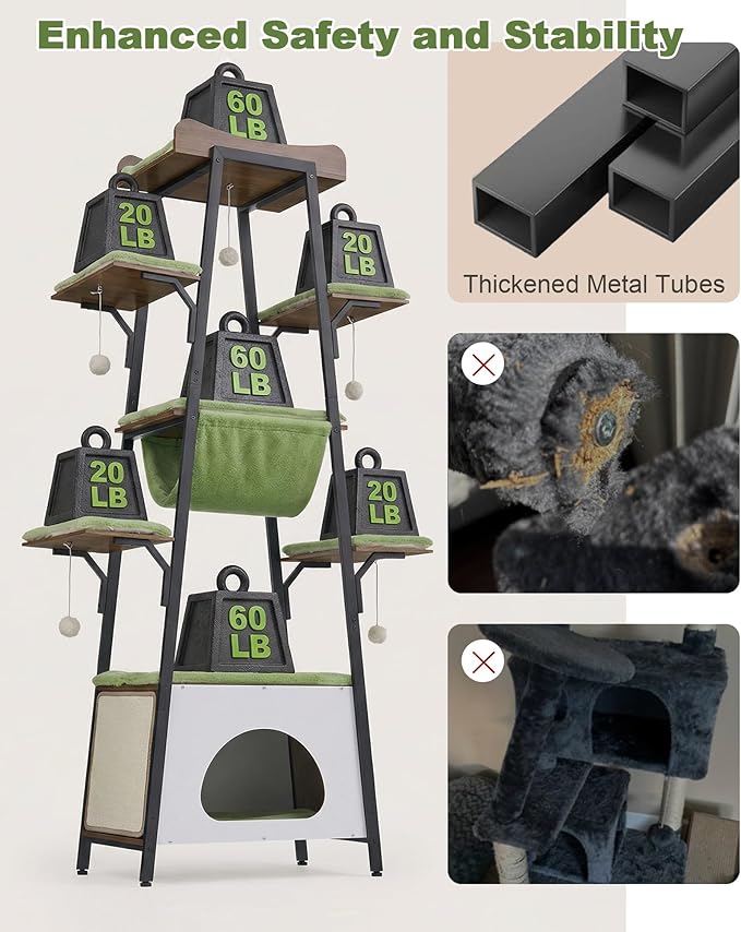 74-Inch Modern Cat Tree Tower for Large Cats, Multi-Level Cat Tower with Scratching Board, Large Perch, Hammock, Removable Pads, Green