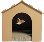 Furhaven Cardboard Cat House Gingerbread House, Cat Hideout Scratcher with Detachable Hanging Toys