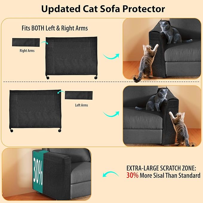 Couch Protector from Cat Claws - Cat Scratch Sofa Protector Universal Fit on Both Arm Sides with Black Sisal Pad for Leather and Fabric Sofa,27.5 * 19.7 inch Expanded Coverage Sisal Area(Black)