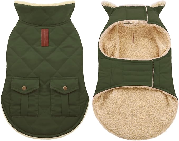 ASENKU Warm Dog Winter Coat, Waterproof Dog Coat for Cold Weather, Fleece Dogs Jacket with Ultra Thick Plush Lining Leash Hole Storage Pockets for Large Dogs (Green, X-Large)
