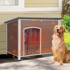Heated Dog House Outdoor,Anti Bite Iron Frame Dog Kennel with Adjustable Temperature and Time,Insulated Weatherproof Outside Shelter for Feral Animal (Brwon, L)
