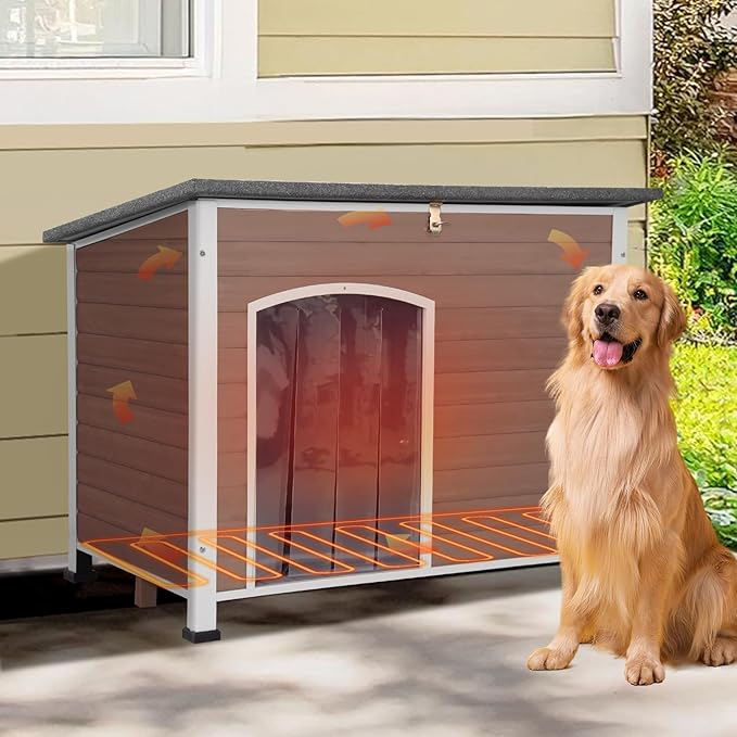 Heated Dog House Outdoor,Anti Bite Iron Frame Dog Kennel with Adjustable Temperature and Time,Insulated Weatherproof Outside Shelter for Feral Animal (Brwon, L)