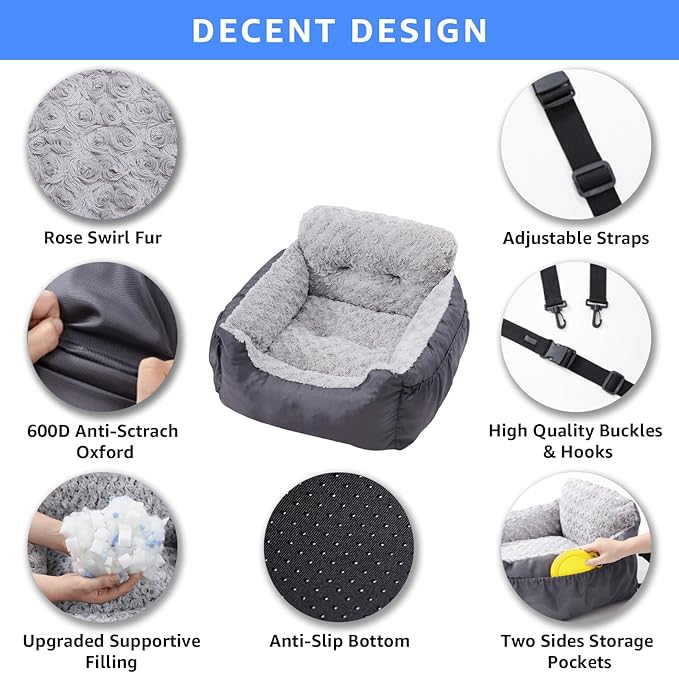 Dog Car Seat for Small Dogs, Washable Pet Booster Car Seats with Clip-On Safty Leash, Comfy Deluxe Plush Carseat with Storage Pockets, Puppy Travel Carrier Bed for Dogs Under 25 lbs, Grey