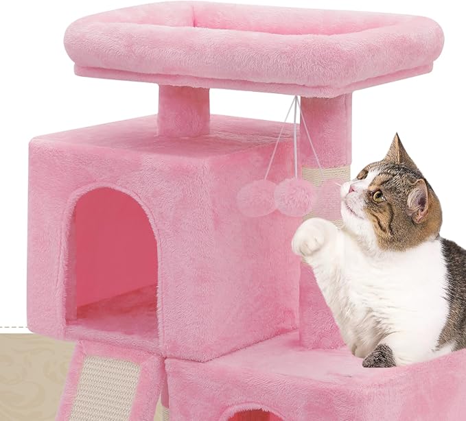 Athena Collection Small Cat Tree, Modern 34 Inch Cute Cat Tree Tower with Scratching Post 2 Condo Activity Platform and Playing Ball for Indoor, Pink