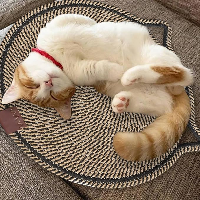 Personalized Cat Scratcher Mat, Customized with Name Text Natural Cotton Rope Round Horizontal Cat Scratching Pads with Ball Toy, Cat Furniture Protector for Wall, Couch, Carpets, Sofa (Chocalate)