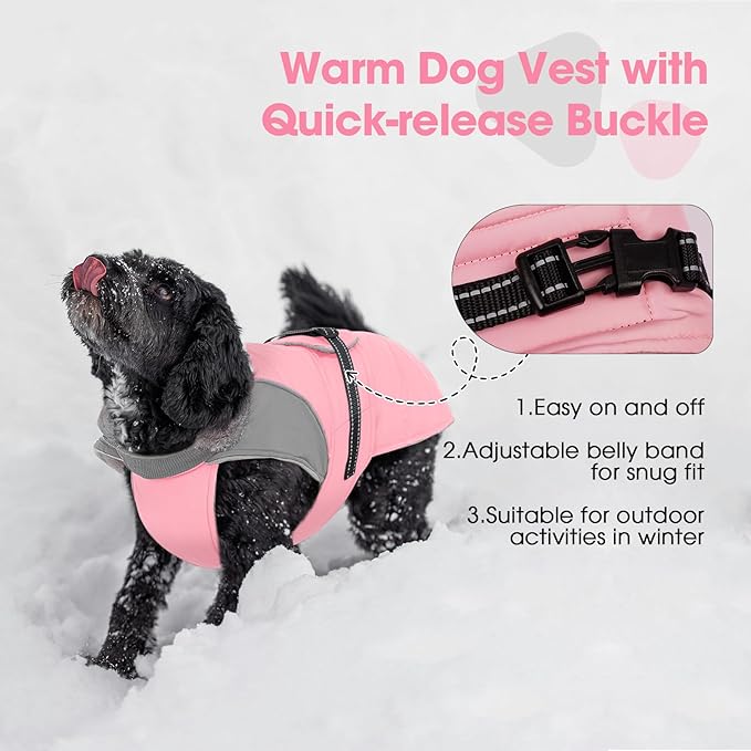 Nanaki Large Dog Coats for Winter Waterproof, Warm Fleece Lining Reflective Large Dog Jacket with Leash Hole,Furry Collar Cold Weather Puppy Jacket Outdoor Walking Hunting Easy On Pet Snow, Pink 2XL