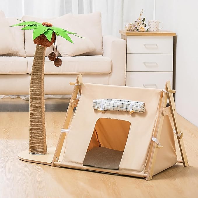 Coconut Tree Tent Cat Nest with 29.5" Scratching Post and Hanging Ball for Indoor Large Cats and Kittens