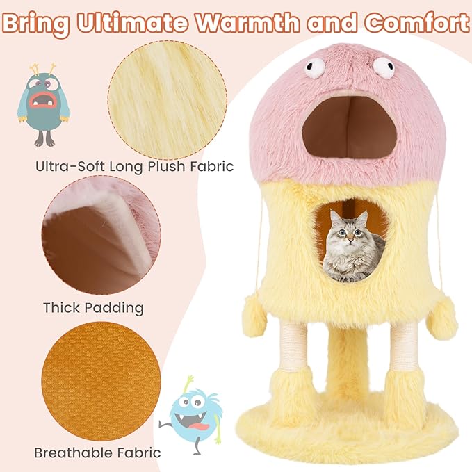 PETSITE 37 inch Monster-Themed Cute Cat Tree, Modern Cat Tree Tower with 2 Cat Condos, Sisal Scratching Posts and Hanging Sound-Making Toys for Indoor Cats