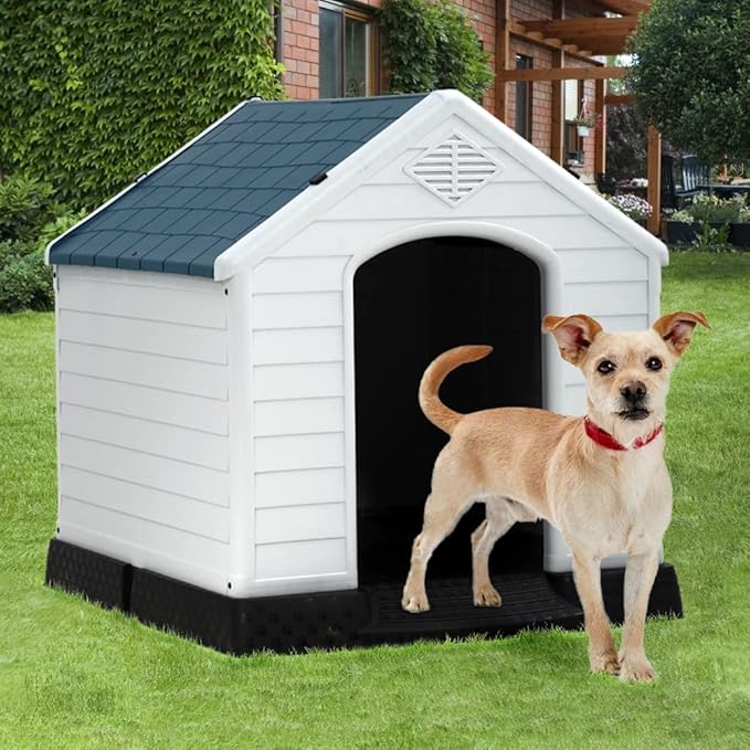 Dog House, Small and Medium Dog House, Waterproof Breathable Plastic Durable Indoor Outdoor Pet Shelter with Ventilation and Elevated Flooring, Easy to Assemble