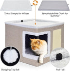 petizer Cat Bed for Indoor Cats, Large Covered Cat House with Scratch Pad, Foldable Cat Cave Bed & Hideaway Cube with Reversible Cushions, Cute Cat Condo for Multi Small Pet Kitten (Khaki)