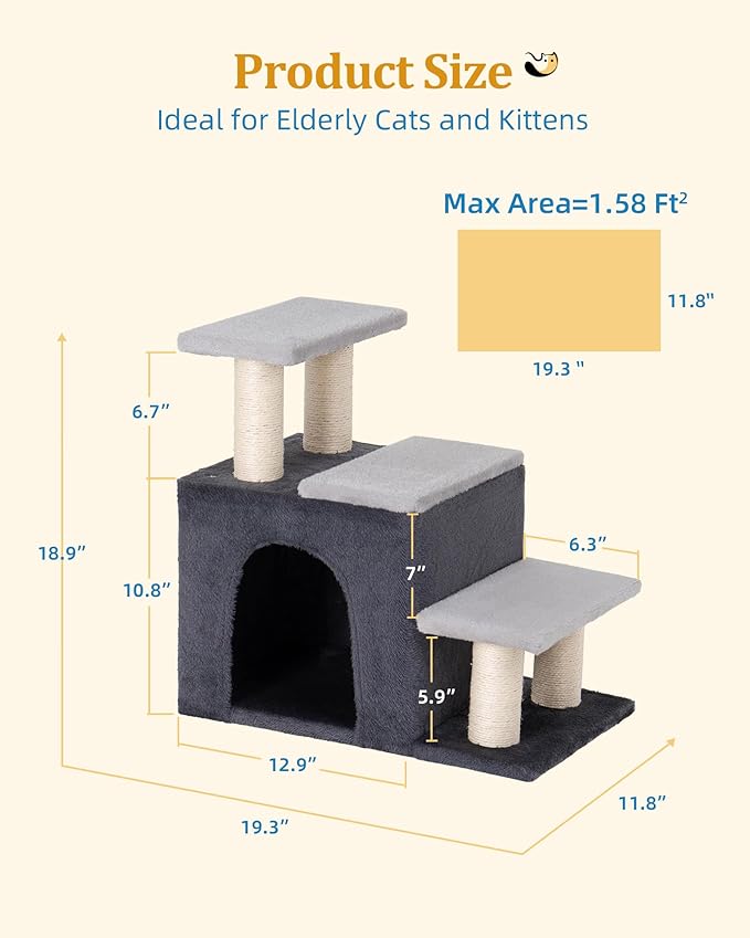 3-in-1 Pet Stairs for Cats, Dog Steps for Small Doggie Rabbits, 6.29''Depth Cat Stairs, Indoor Cat Ladders for High Bed for Pet's Joints, 1 Cat Condo Cave, Sisal Scratcher, Grey, Medium