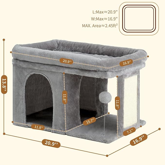 Heybly Cat Tree, 14 inch Cat Tower with Large Perch Bed and Cat Condo for Indoor Cats Large Adult, Cat House with Scratching Posts and Interactive Spring Balls for Your Kittens, Light Gray HCT203SW