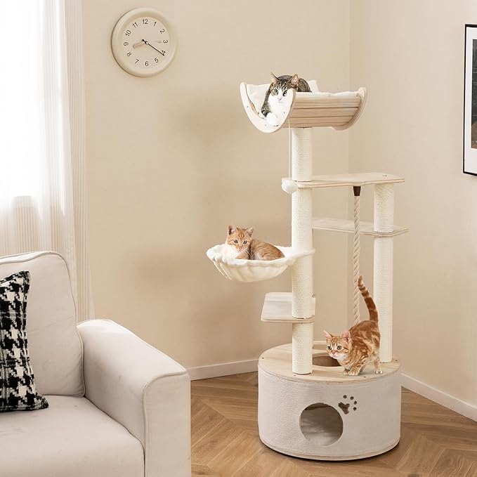PETSITE 55.5 Inches Wooden Cat Tree, Multi-Level Modern Cat Tower with Scratching Posts, Side Basket, Multiple Jumping Platforms, Hanging Ball and Rope, Top Curved Perch, and Condo
