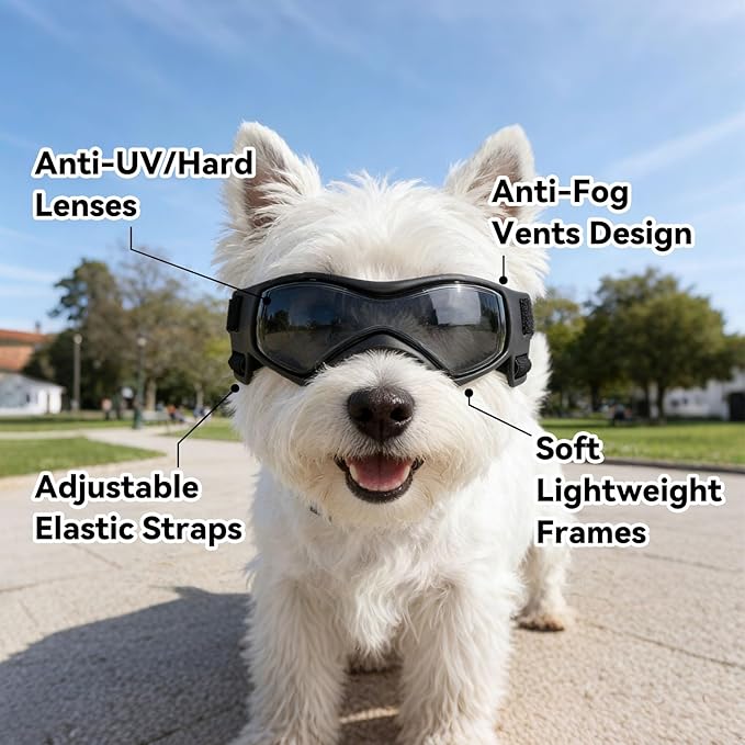 Dog Goggles Dog Sunglasses for Medium Breed UV Protection Windproof with Adjustable Head Straps Chin Straps for Ride Car/Hiking Travel/On Beach-Black