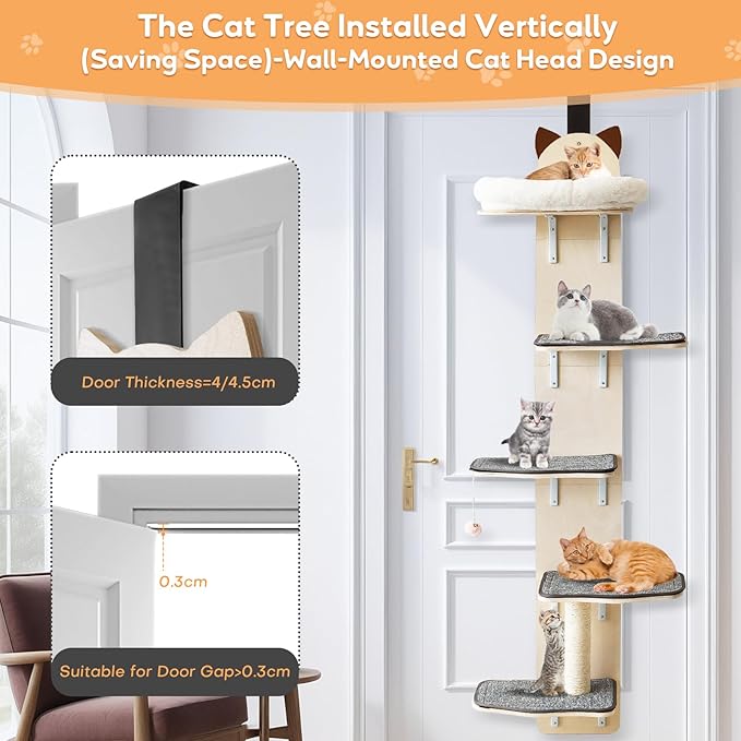 5-Levels Door Hanging Cat Climber, Door-Mounted Vertical Cat Tree Tower with Full Carpeted Plank & Cat Scratching Post for Small Medium Large Cats (5-Levels, Cat Head Style)