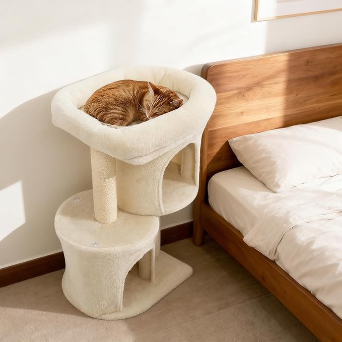 Tangkula Small Cat Tree for Indoor Cats, 26 Inch Cat Tower with Sisal Scratching Posts, Dual Cat Condos with Large Padded Push Perch, Modern Cat Climbing Furniture Activity Center (Beige)