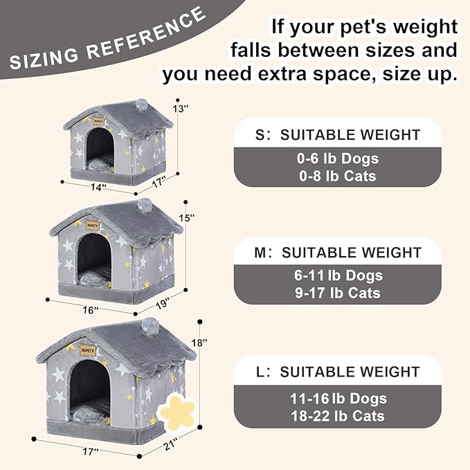 JIUPETY Cute Small Dog House Indoor, Foldable House Kennel Bed Mat with Cushion, L Size Dog Tent for 11-16 lb Dogs and 18-22 lb Cats, Dog Cave Bed with Non-Slip Bottom, Grey