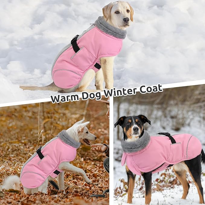 Queenmore Large Dog Cold Weather Coats, Fleece Collar Dog Apparel for Winter, Thick Dogs Snowsuit, XXL Pet Jackets Winter with Quick Release, Pink, XXL