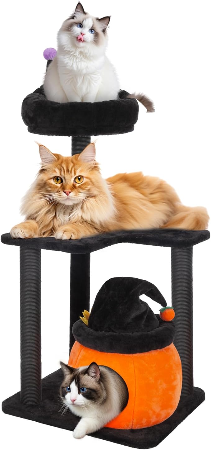 KAMABOKO Gothic Cat Tree, 44.8in Black Cat Tower with Coffin Bed, Big Tall Cat Condo with Sisal Scratching Posts, Scratching Ramp and Comfort Basket for Indoor Cats