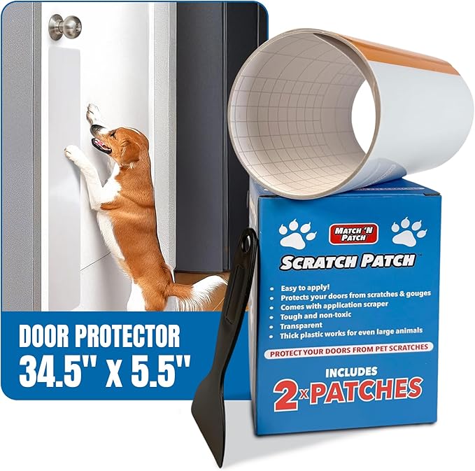 MATCH 'N PATCH Door Protector – Scratch Protectors for Pets – Transparent Shield for Pet Scratches - Self-Adhesive & Easy to Apply, Includes Application Scraper – 34.5 x 5.5 Inches, 2 Patches
