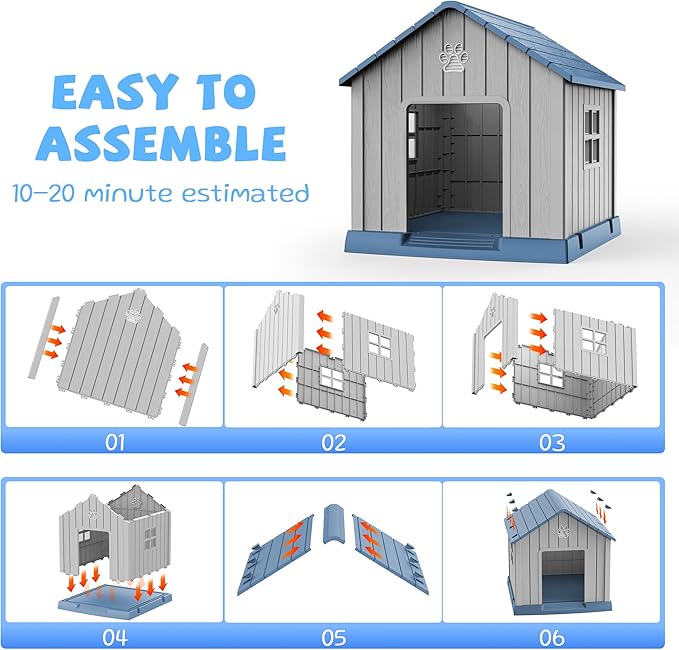 VIXZEN Dog House Outdoor, 31 Inches Weatherproof Resin Dog House Indoor Large with Air Vents & Elevated Floor, Doghouse Outdoor for Large Dogs, Easy Assembly, Versatile Storage Functionality, Blue