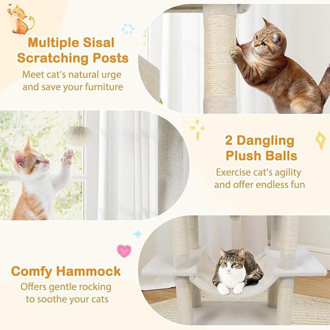 Tangkula 70 Inch Tall Cat Tree, Multi-Level Large Cat Tower with Sisal Scratching Posts, Plush Top Perch, 2 Condos, Hammock, 2 Dangling Balls, Cat Tree Tower for Indoor Cats Large Adults (Beige)