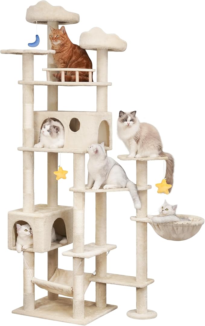 79inch Heavy Duty Cat Tree for Indoor Cats Large Adult, Tall Giant Cat Tower with Scratching Post, Large Perches, Cozy Cat Condos & Hanging Hammocks, Beige
