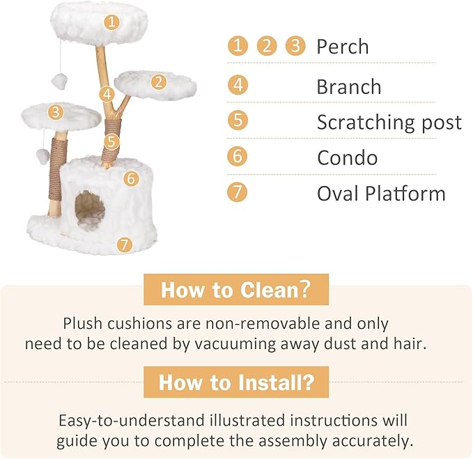 COZIWOW Modern Cat Tree Tower, Cloud Cat Tree with Solid Natural Wood Scratching Post, Luxury Condo & Perches, Aesthetic White Cat Furniture for Indoor Large Cats, 34" L X 17.7" W X 41.7" H