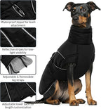 Queenmore Winter Dog Coat Warm Dog Jacket Vest Waterproof Puffer Fleece Snowsuit Adjustable Buckle Leash Hole Reflective Cold Weather Parka for Small Medium Large Dogs Girl Boy Black L